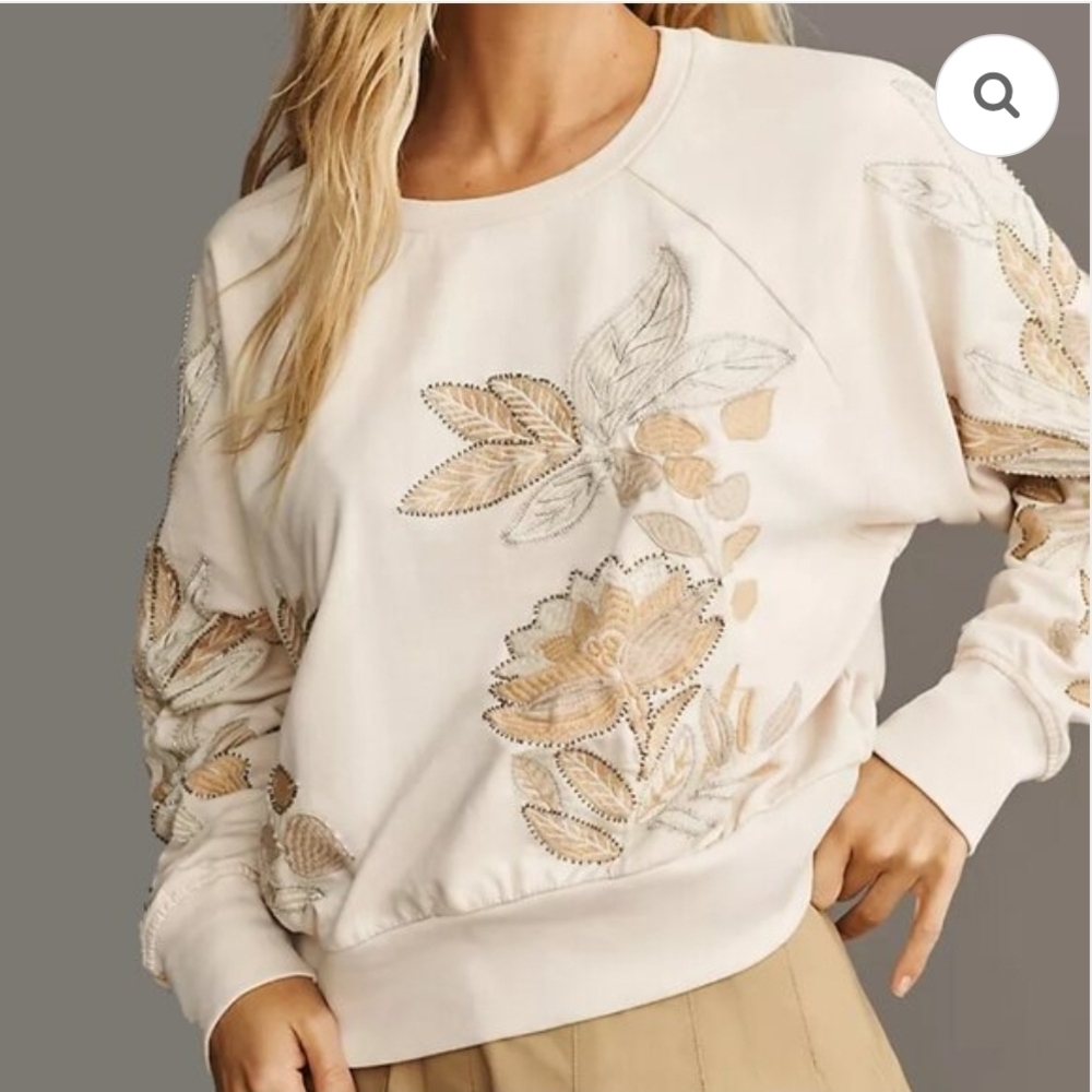 Anthropologie Women Pilcro Embroidered Floral Beaded Sweatshirt Beige - XS